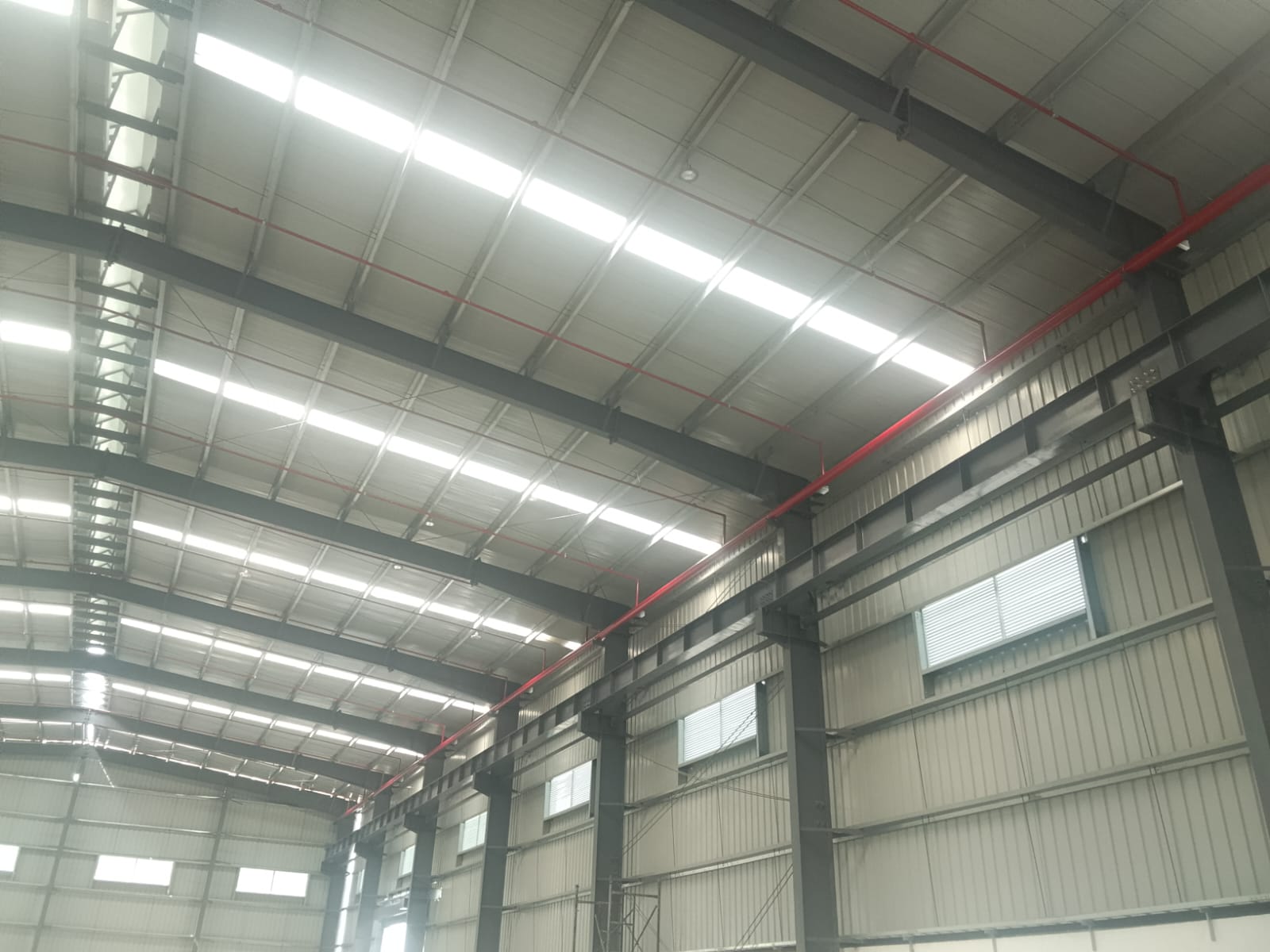 Industrial shed roof structure under construction, fire piping routed along the steel trusses